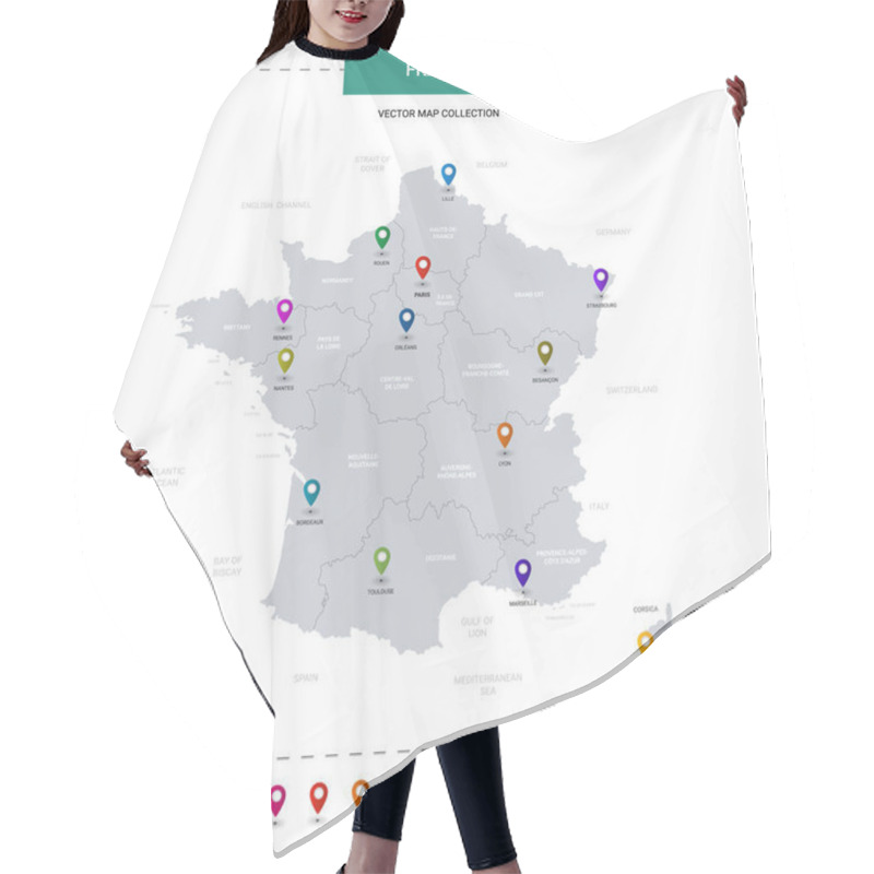 Personality  France Map With Location Pointer Marks. Infographic Vector Template, Isolated On White Background.  Hair Cutting Cape