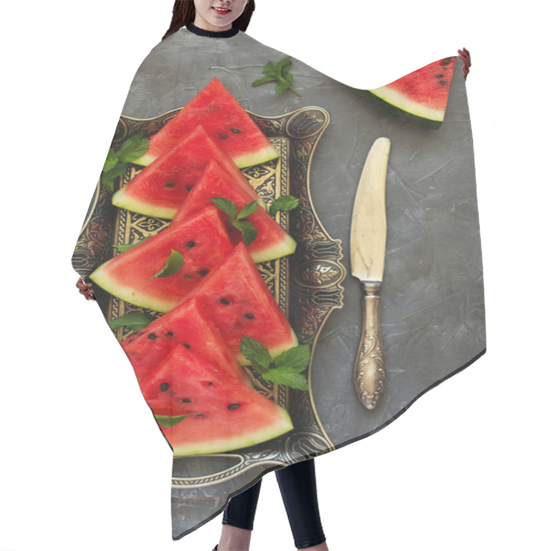 Personality  Slices Of Watermelon With Mint. View From Above. Hair Cutting Cape