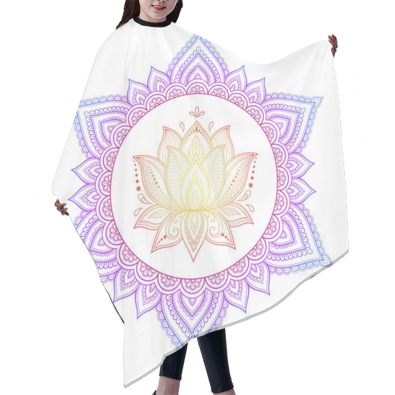 Personality  Circular Pattern In Form Of Mandala With Lotus Flower For Henna, Mehndi, Tattoo, Decoration. Decorative Ornament In Ethnic Oriental Style. Rainbow Design On White Background. Hair Cutting Cape