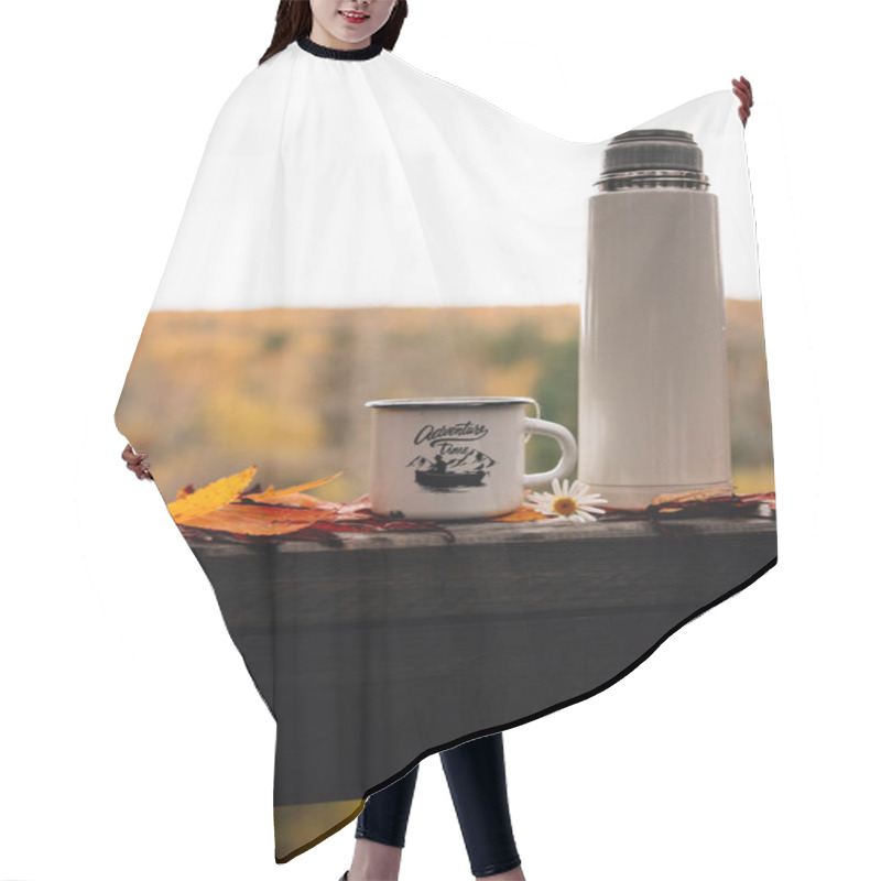 Personality  Cup With Thermos Bottle On Wooden Fence With Autumn Fallen Leaves  Hair Cutting Cape