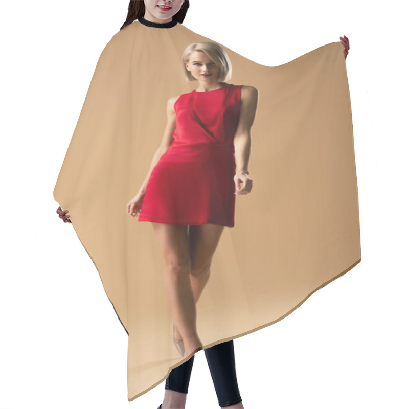 Personality  Full Length View Of Blonde Young Woman In Red Dress On Beige Background Hair Cutting Cape