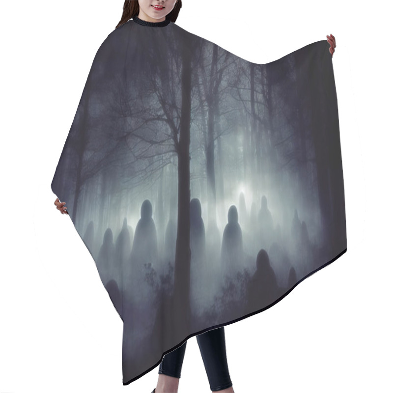 Personality  Creepy Ghostly Figures In Dark Foggy Forest Haunted By Evil Spirits, Halloween Night. 3d Digital Illustration Hair Cutting Cape