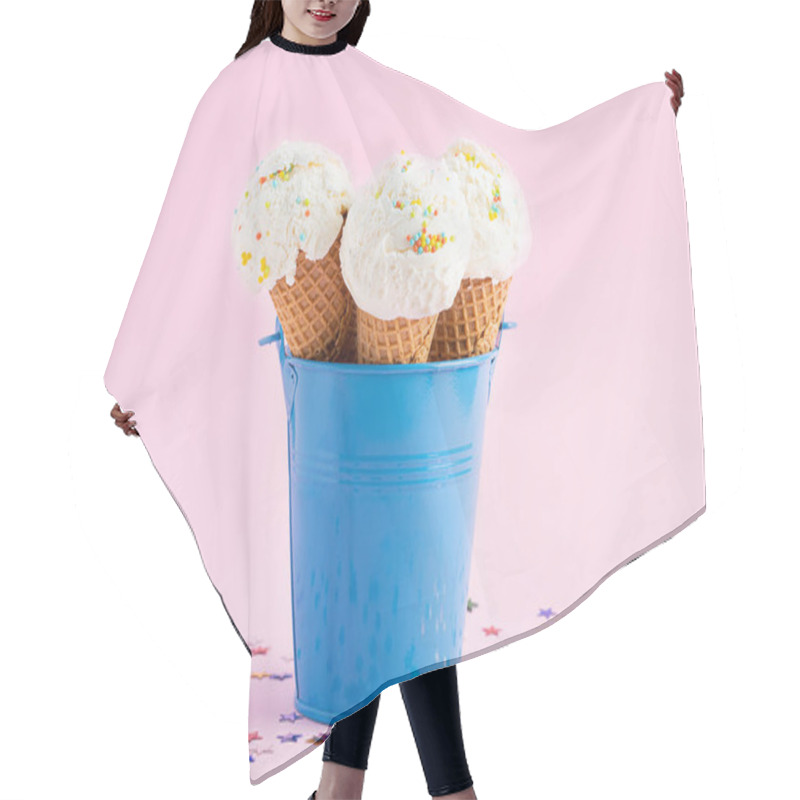 Personality  Ice Cream Cones In A Blue Bucket On A Pink Background Decorated With Stars. A Wafer-style Ice Cream Cone.  Hair Cutting Cape