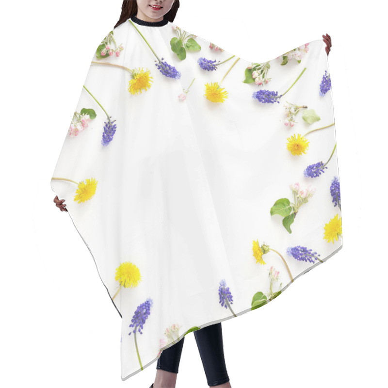 Personality  Flower Frame With Purple Muscari Flowers, Dandelions And Apple Flowers On White Background Hair Cutting Cape