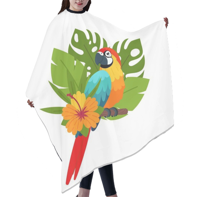 Personality  Parrot In Tropical Plants On A White Background. Tropical Birds In Flat Style. Summer Print With Parrot And Tropical Flowers. Hair Cutting Cape