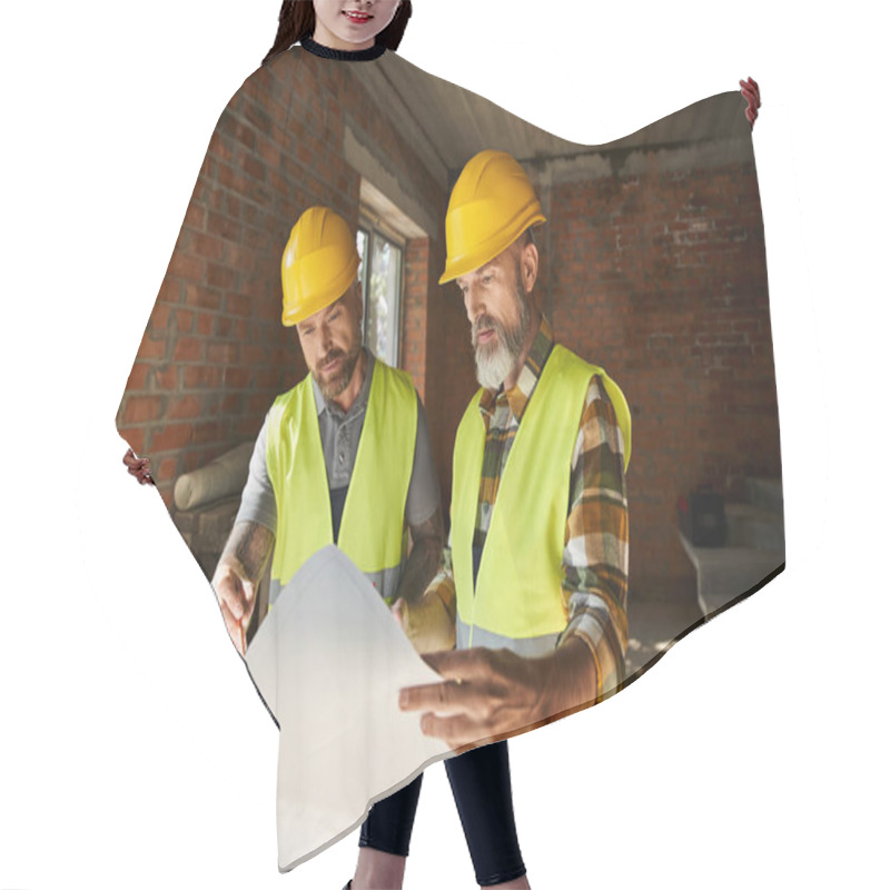 Personality  Two Attractive Builders In Safety Helmets And Vests Working With Blueprint Before Construction Hair Cutting Cape