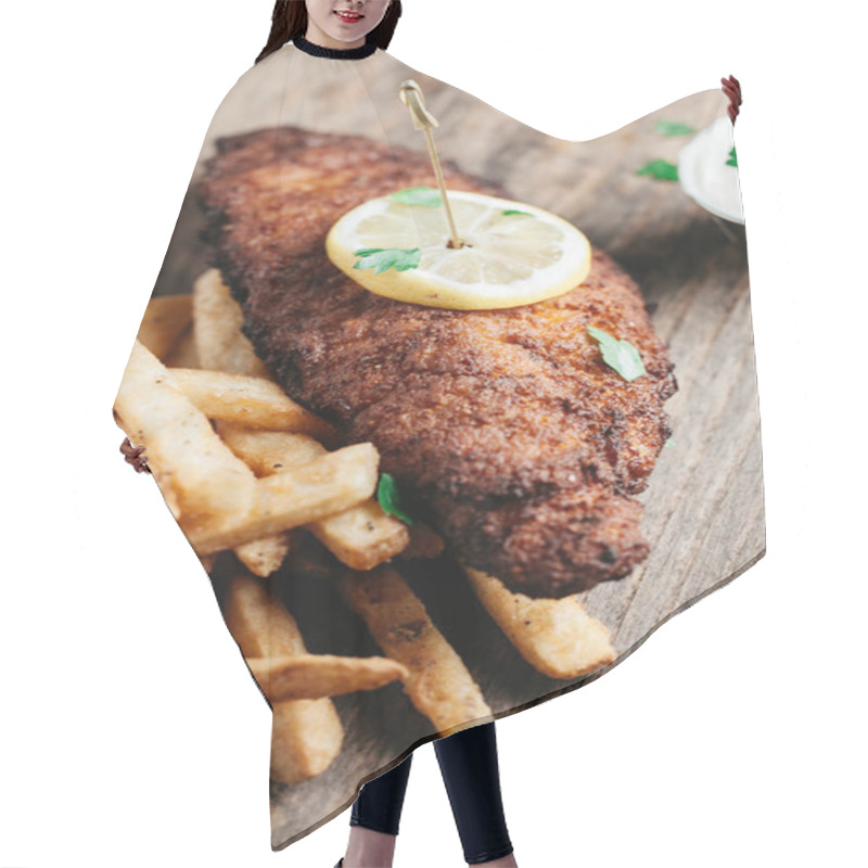 Personality  Fried Catfish Served With French Fries On Rustic Background Hair Cutting Cape