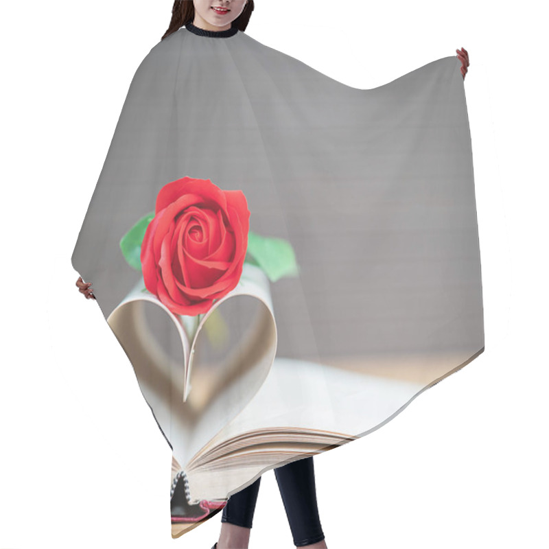 Personality  Pages Of Book Curved Into A Heart Shape And Red Rose,Love Concept Of Heart Shape From Book Pages Hair Cutting Cape