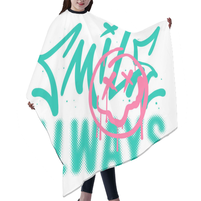 Personality  Smile Always Slogan Print Design With Happy Face Emoji Icon In Graffiti Style Hair Cutting Cape