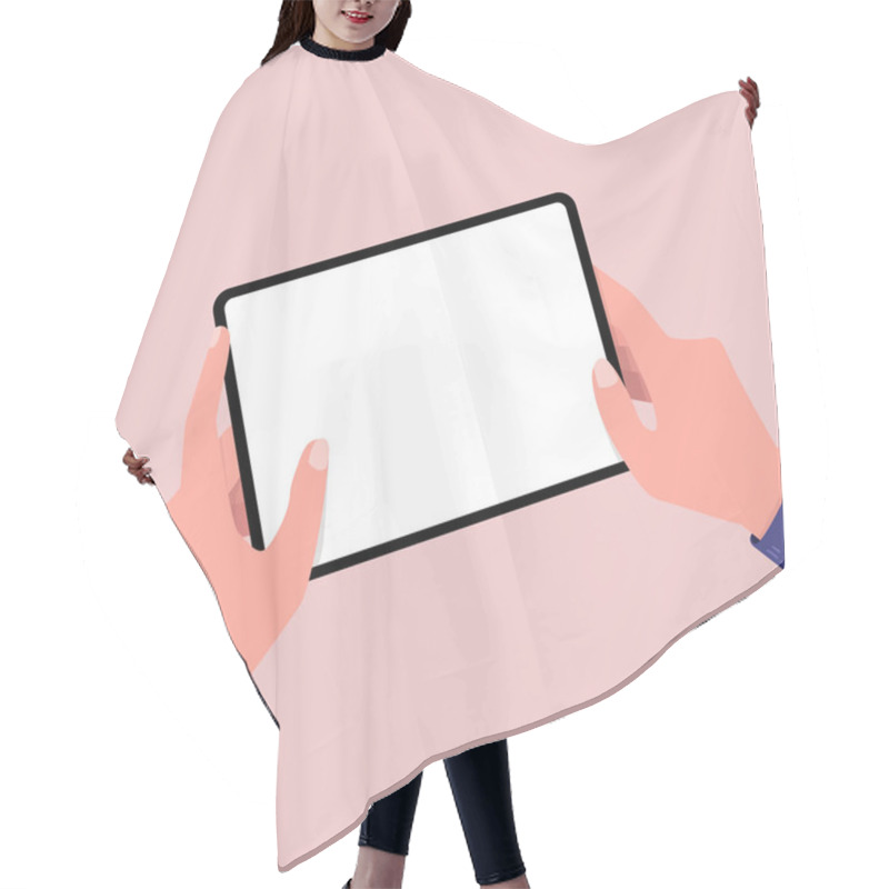 Personality  Hands Holing Tablet Computer With Blank Screen. Editable Tablet Template. Hair Cutting Cape