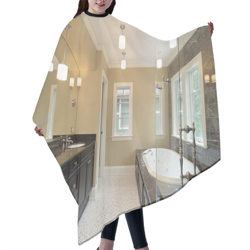 Personality  Master Bath With Black Tub Area Hair Cutting Cape