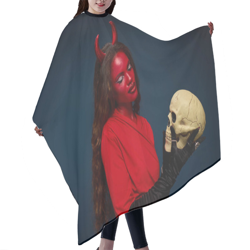 Personality  This Enchanting Woman, Clad In A Vibrant Red Outfit, Channels Halloween Vibes With A Skull. Hair Cutting Cape