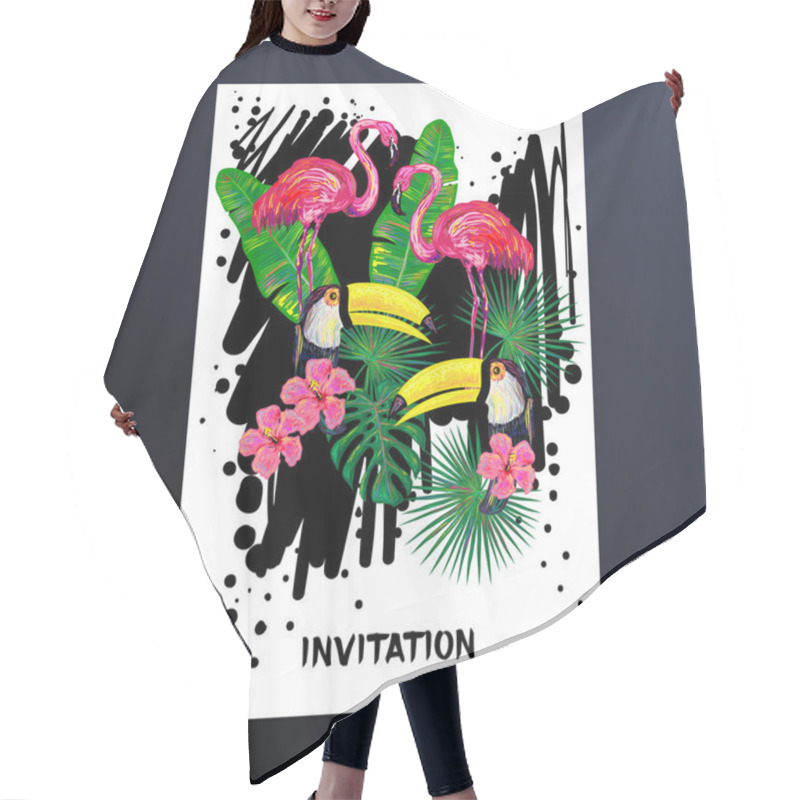 Personality  Invitation With Pink Flamingo, Toucan Bird, Tropical Exotic Flowers And Leaves Hair Cutting Cape