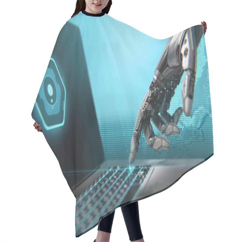 Personality  A Robot Working With Laptop. Highly Detailed Model Hair Cutting Cape