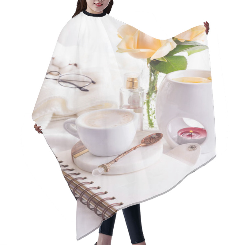 Personality  A Cup Of Coffee On Notebook, Roses, Glasse And Candle With Copy Space. Mock Up Relaxing Concept Hair Cutting Cape