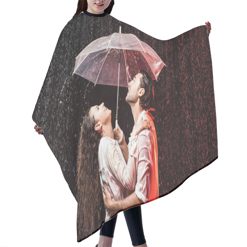 Personality  Side View Of Romantic Couple In White Shirts With Umbrella Standing Under Rain On Black Backdrop Hair Cutting Cape