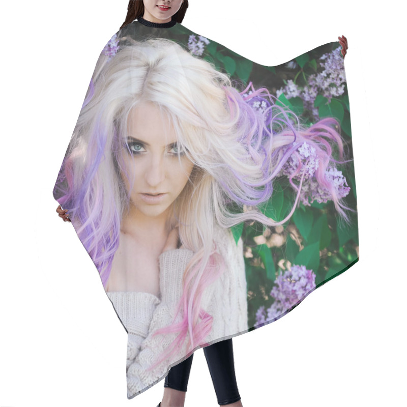 Personality  Blonde Girl Hipster With Lilac And Pink Hair Posing Outdoors Hair Cutting Cape