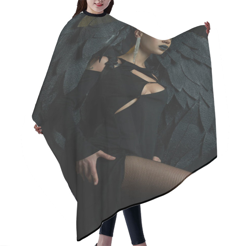 Personality  Sexy Woman In Halloween Costume Of Demonic Winged Creature And Spooky Makeup Looking Away On Black Hair Cutting Cape