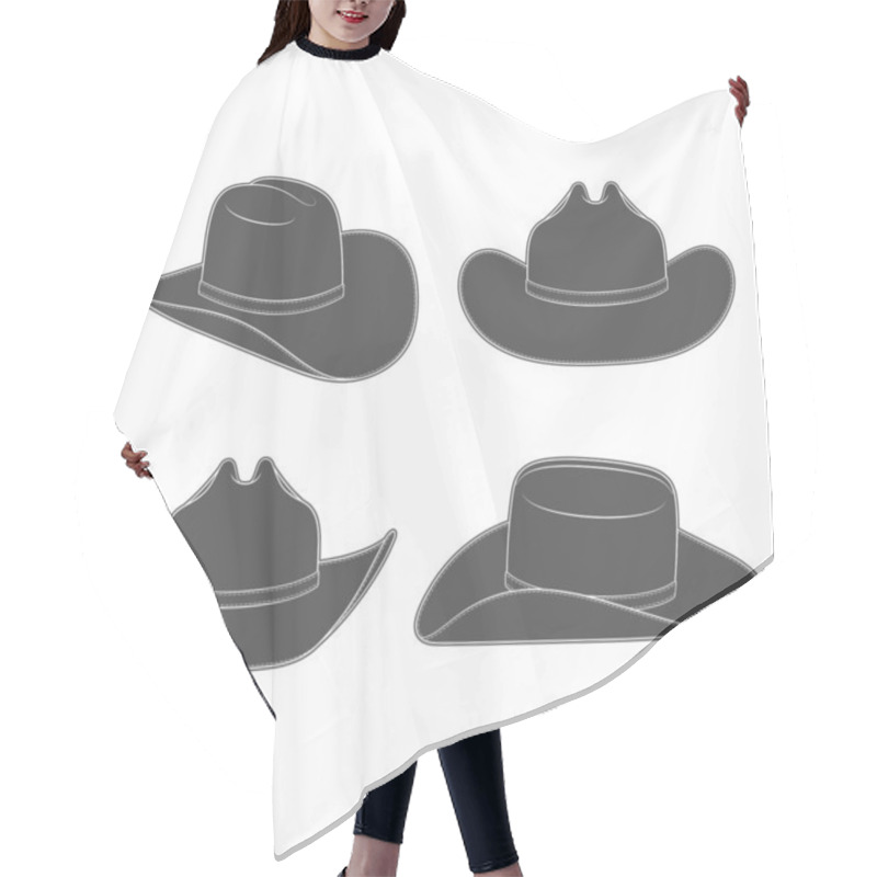 Personality  Set Of Black And White Illustrations With Cowboy Hat. Isolated Vector Objects On A White Background. Hair Cutting Cape