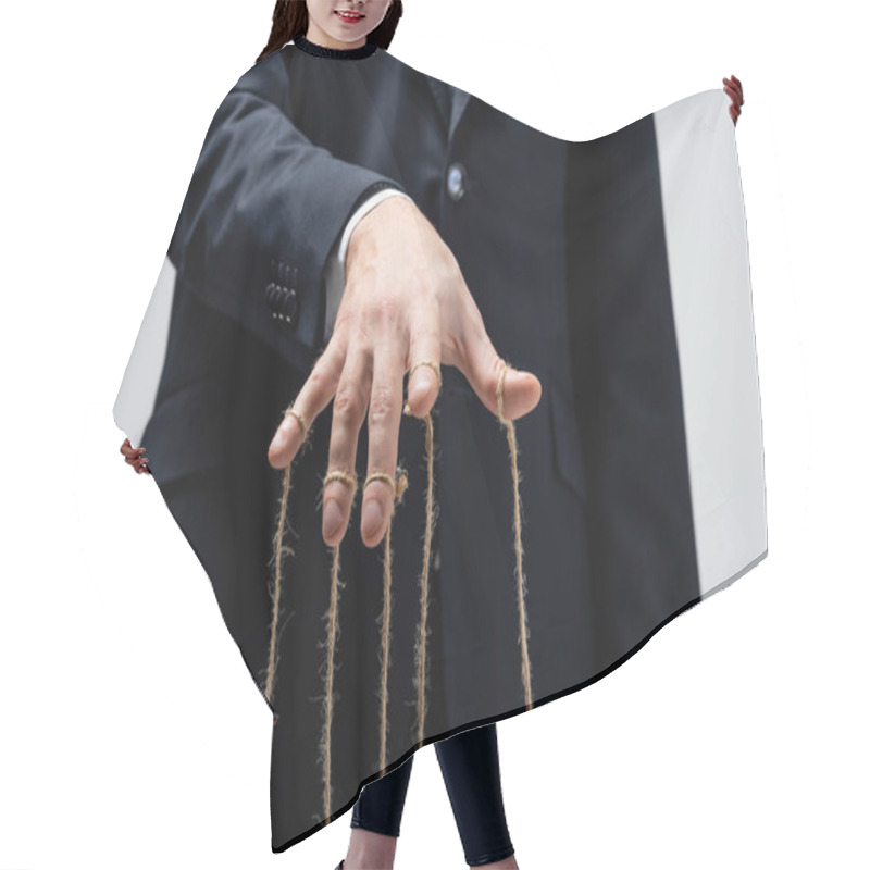 Personality  Partial View Of Puppeteer In Suit With Strings On Fingers Isolated On Grey Hair Cutting Cape