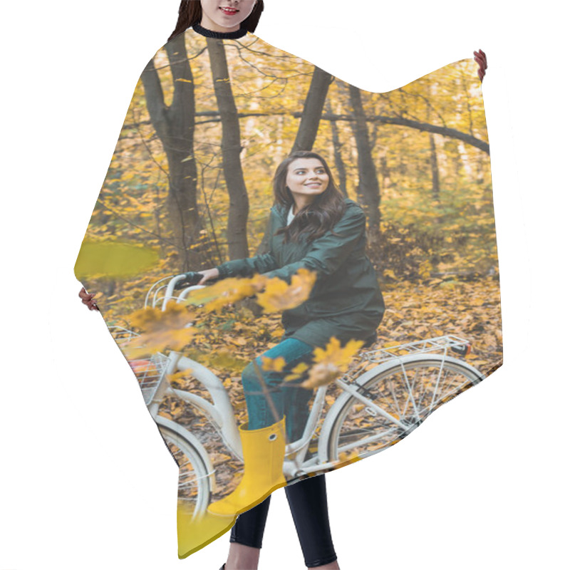 Personality  Happy Young Woman Riding On Bicycle With Basket Full Of Apples In Autumnal Forest Hair Cutting Cape