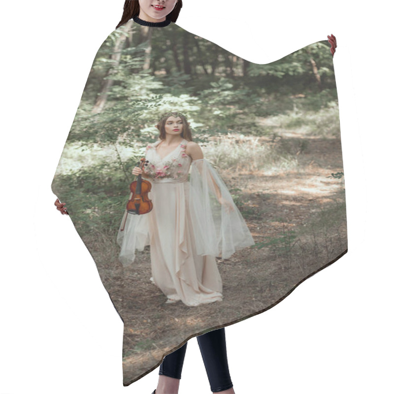 Personality  Attractive Mystic Elf In Elegant Dress Holding Violin In Beautiful Forest Hair Cutting Cape