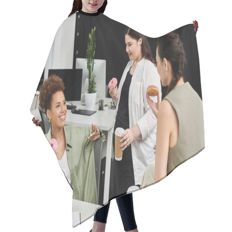 Personality  Three Stylish Women Engage In A Lively Discussion While Enjoying Coffee And Donuts. Hair Cutting Cape