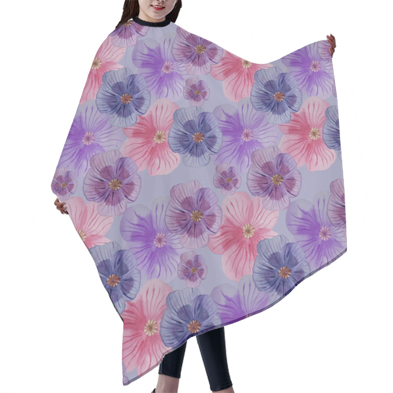 Personality  Watercolor Floral Seamless Pattern. Suitable For The Design Of Graphic Works, Textiles, Packaging. Delicate Violet Flowers In Pink-blue And Lilac Colors Hair Cutting Cape