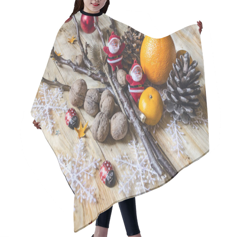 Personality  Tangerines, Oranges, Nuts With Cones And Toys On  Boards Hair Cutting Cape