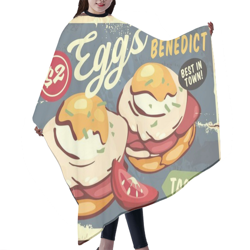 Personality  Eggs Benedict Traditional American Breakfast Menu. Retro Sign Design With Delicious Food. Eggs, Bacon, Bread And Tomato Slice Vintage Vector Advertisement. Hair Cutting Cape