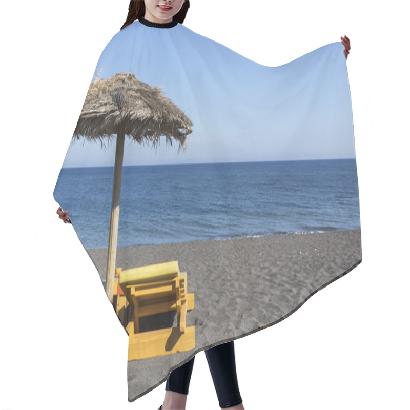 Personality  View Of Perissa Beach On The Greek Island Of Santorini With Sunb Hair Cutting Cape