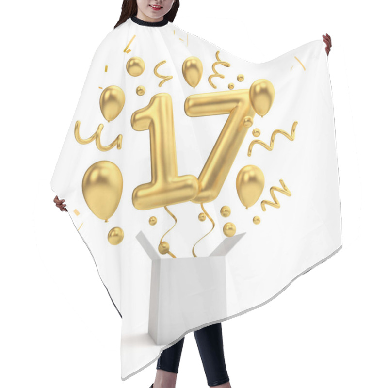 Personality  Happy 17th Birthday Gold Surprise Balloon And Box. 3D Rendering Hair Cutting Cape