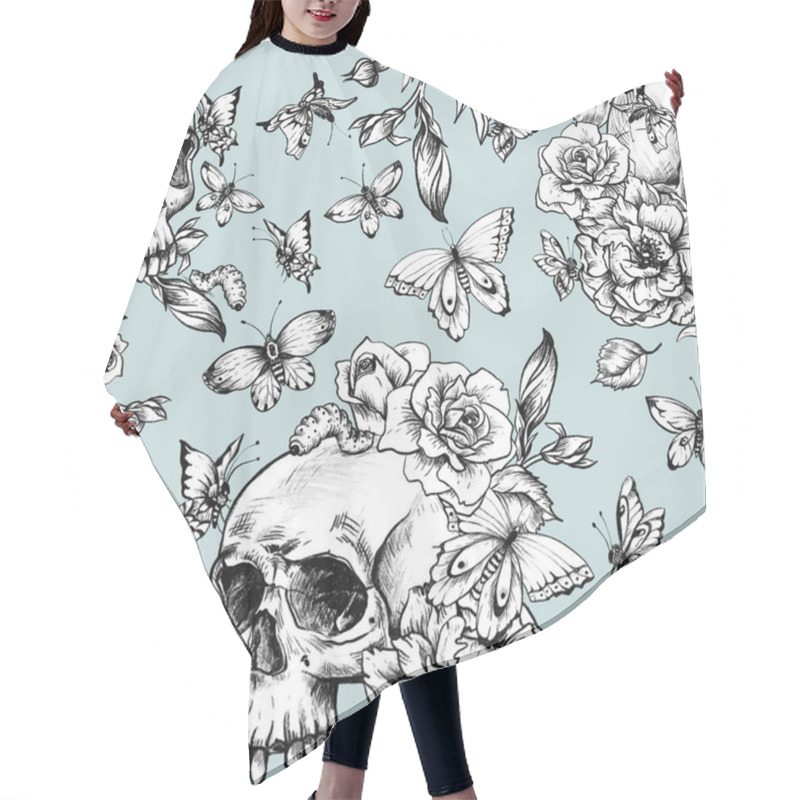 Personality  Vintage Seamless Pattern With Goth Skull, Butterdlies And Flowers On Blue Background. Dead Of The Dead Texture. Hair Cutting Cape