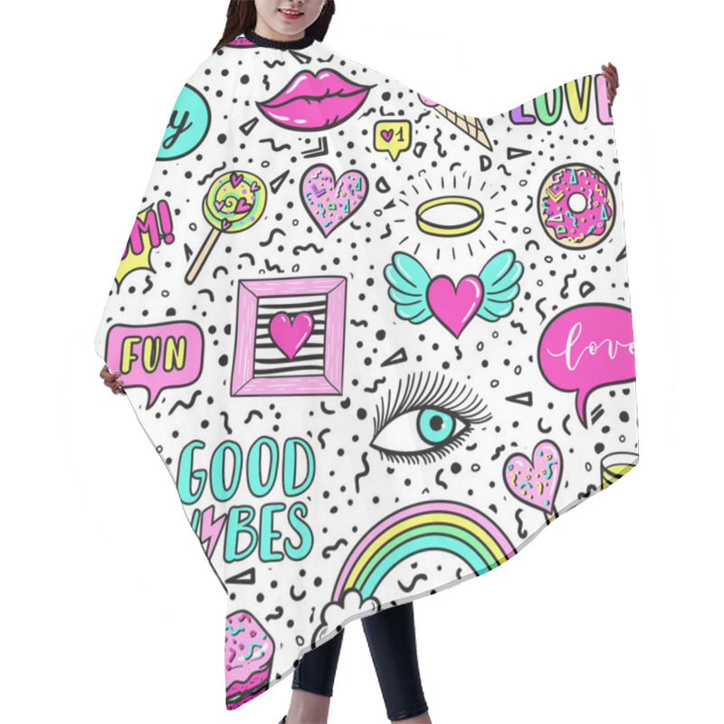 Personality  Vector Seamless Pattern With Fashion Fun Patches: Lip, Star, Strawberry, Speech Bubble On Background. Pop Art Stickers, Patches, Pins, Badges 80s-90s Style Hair Cutting Cape