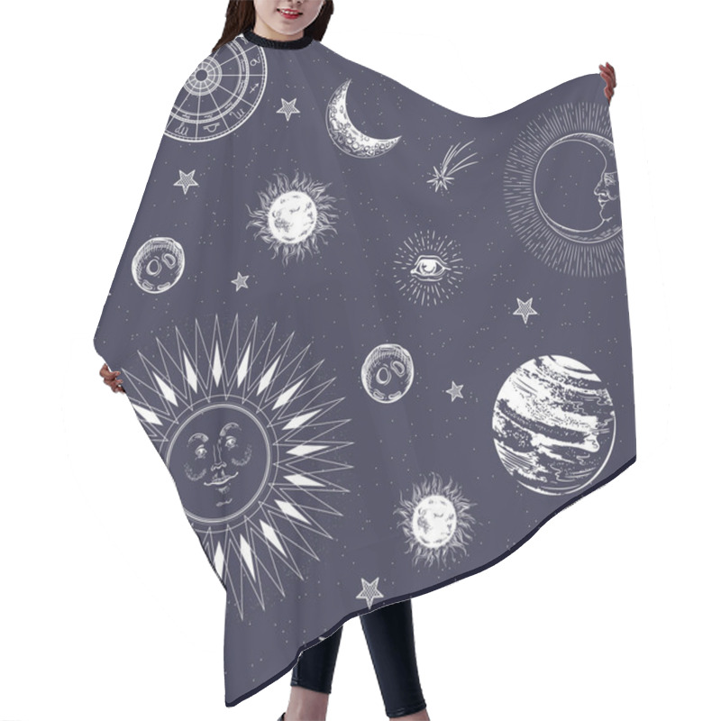 Personality  Seamless Pattern. The Face Of The Sun And Moon. Eye With Rays, Planets, Comets, Stars. Hair Cutting Cape