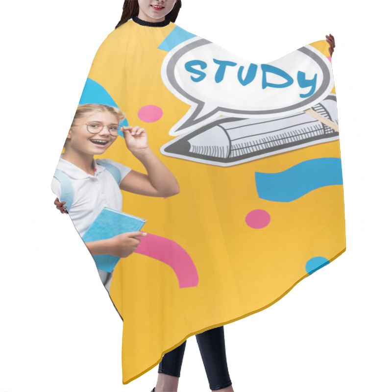 Personality  Schoolkid With Backpack And Eyeglasses Standing Beside Speech Bubble With Study Lettering And Paper Craft On Yellow  Hair Cutting Cape