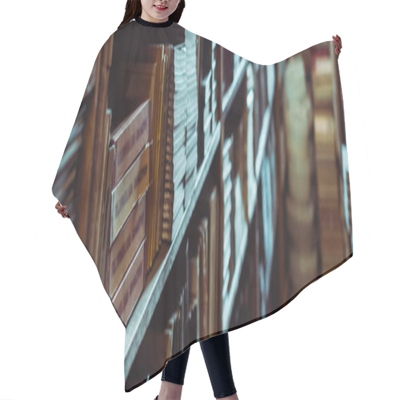 Personality  Panoramic Shot Of Retro Books On Wooden Shelves In Library  Hair Cutting Cape