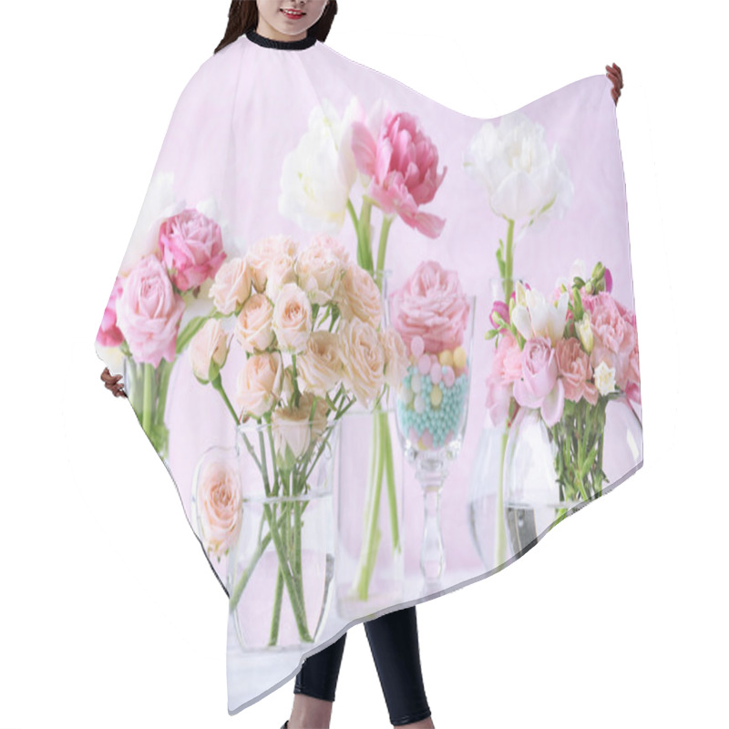 Personality  Beautiful Spring Flowers In Glass Vases On Light Pink Background Hair Cutting Cape