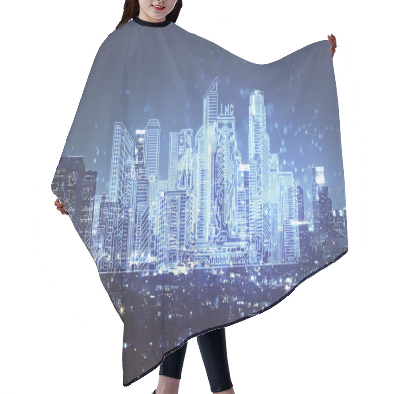 Personality  Double Exposure Of Buildings Hologram Over Cityscape Background. Concept Of Smart City. Hair Cutting Cape