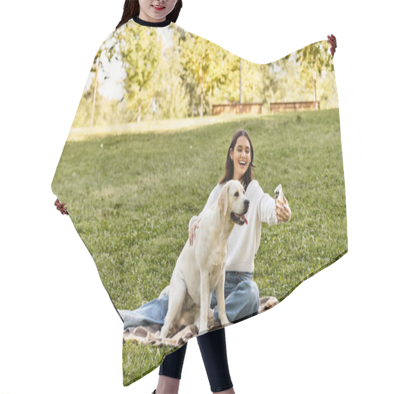 Personality  A Young Woman Enjoys A Sunny Autumn Day In The Park While Taking A Selfie With Her Dog. Hair Cutting Cape