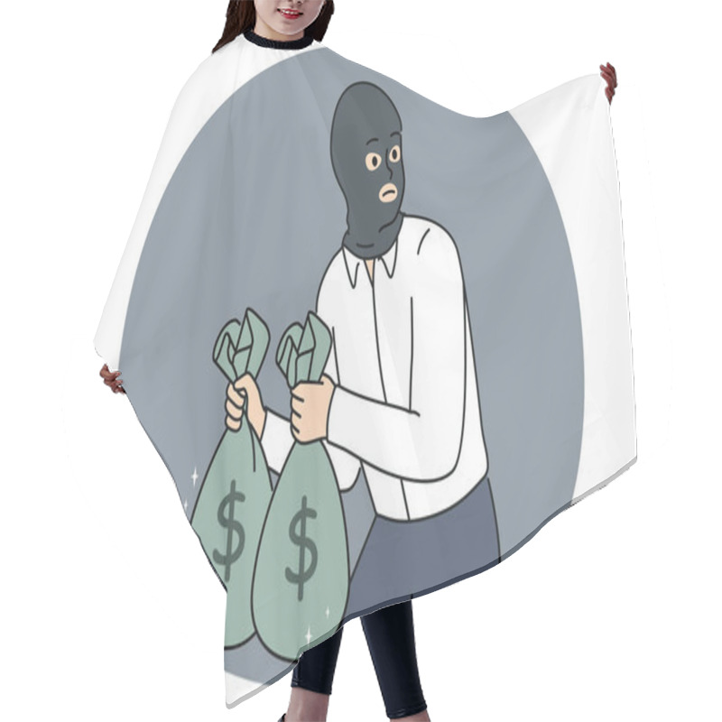 Personality  Male Thief In Face Mask Holding Bags With Money In Hands. Man Burglar Or Criminal Steal Cash From Bank. Crime And Burglary. Vector Illustration. Hair Cutting Cape