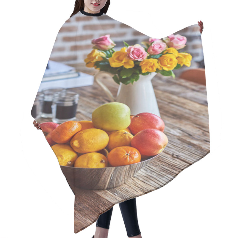 Personality  Bouquet Of Summer Flowers And Fruit On Wooden Retro Table. Nostalgic Vintage Summer Background. Hair Cutting Cape