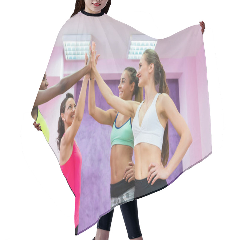 Personality  Happy Fit Women Putting Hands Together As A Gesture Of Determination And Friendship Before Group Workout Class In A Modern Fitness Club For Ladies Only   Hair Cutting Cape