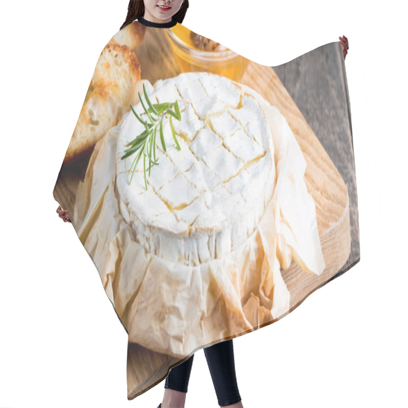 Personality  Baked Camembert Cheese. Fresh Brie Cheese And A Slice On A Wooden Board With Nuts, Honey, Rosemary, Baguette Bread Grilled Toasts And Leaves. Brie Type Of Cheese. Italian, French Cheese. Hair Cutting Cape