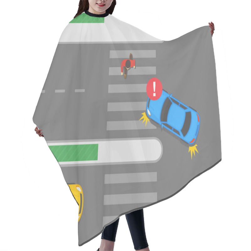 Personality  Safety Car Driving And Traffic Regulation Rules. Wrong Turn Position On Multi-lane Roads. Left Turn When There Is A Pedestrian On Crosswalk. Flat Vector Illustration Template. Hair Cutting Cape