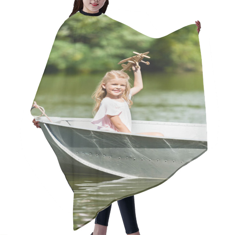 Personality  Beautiful Little Child Playing With Toy Plane Floating In Boat On Lake Hair Cutting Cape