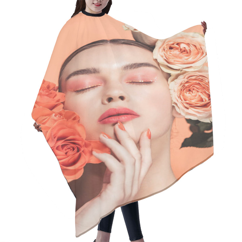 Personality  Beautiful Stylish Girl Touching Face And Posing With Rose Flowers Isolated On Coral Hair Cutting Cape