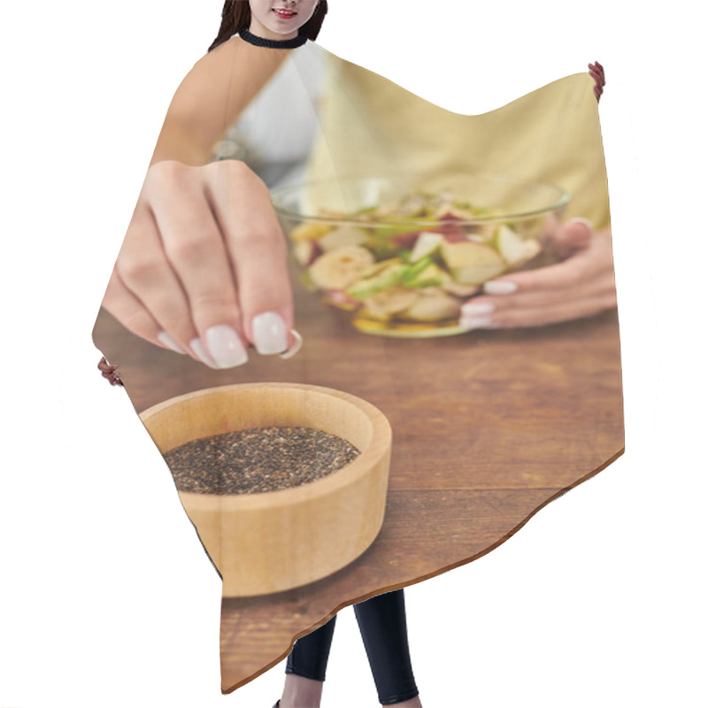 Personality  Cropped Vegetarian Woman Taking Sesame Seeds From Wooden Bowl While Preparing Fruit Salad At Home Hair Cutting Cape