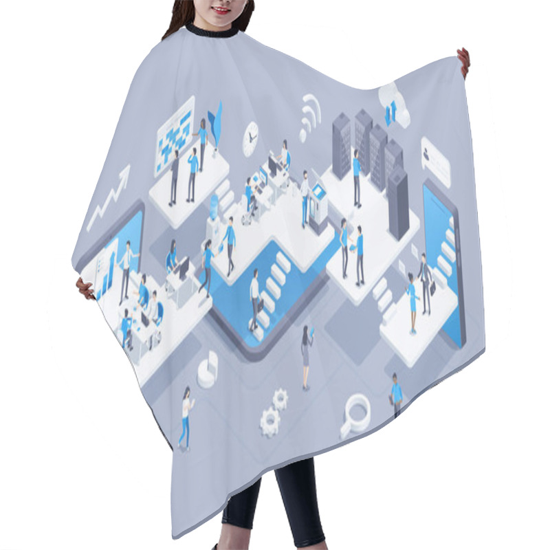 Personality  Isometric Vector Illustration On Gray Background, Virtual Office With Working People, Teamwork And Creative Idea Hair Cutting Cape