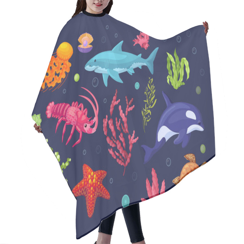 Personality  Sea And Ocean Underwater Animals With Marine Flora. Killer Whale, Sea Turtle, Lobster, Octopus, Starfish, Jellyfish, Dolphin. Sea Plant Coral Reef, Underwater Seaweed, Algae, Laminaria Cartoon Vector Hair Cutting Cape